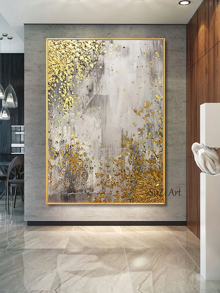 

Hand-painted Abstract Oil Painting On Canvas Luxury Wall Art Living Room Home Decor Simple Elegant Gold Foil Texture Frameless