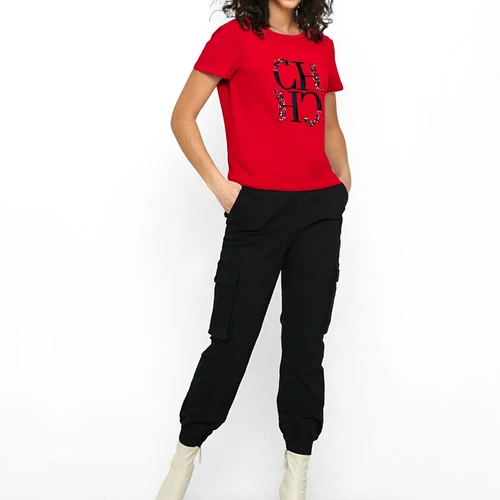 Imagen 2 del producto CHCH-Camiseta para mujer, Top informal bordado a mano de industria pesada, ropa sencilla de manga corta con cuello redondo, 2025