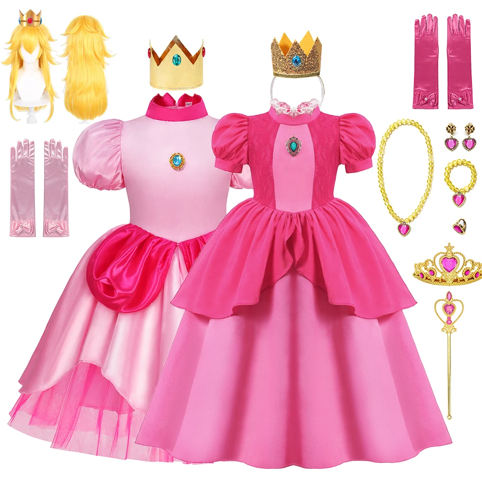 Princess Peach Costume for Girls Classic Pink Dress Cosplay Halloween Party Dress Up Kids Birthday Outfit 2-10 Years