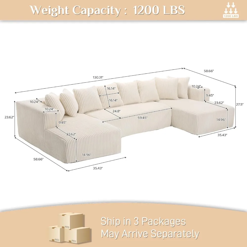 131 Inch Modular Combination Sofa, Comfortable Corduroy Combination Sofa with Double Lounge Chairs