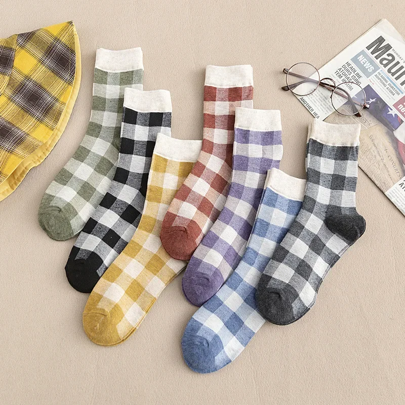 New Product Double Needle Double Way Japanese Retro Plaid Cotton Mid-tube Women's Socks Cotton Casual Socks Socks