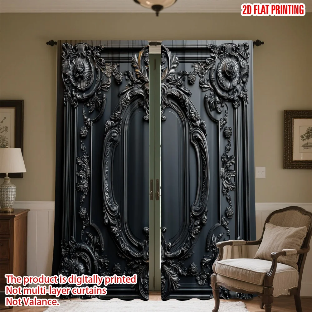 

2D flat printing 2pcs Scene Curtains Black Floral Design Digital Printed Polyester Drapes Family Party Decoration Perfect for