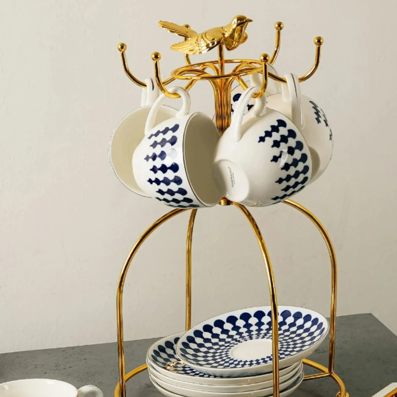 European Gold Bird Coffee Cup Holder Iron Tea Set Storage Rack 6-Head Soft Decoration Display Stylish Kitchen Organizer