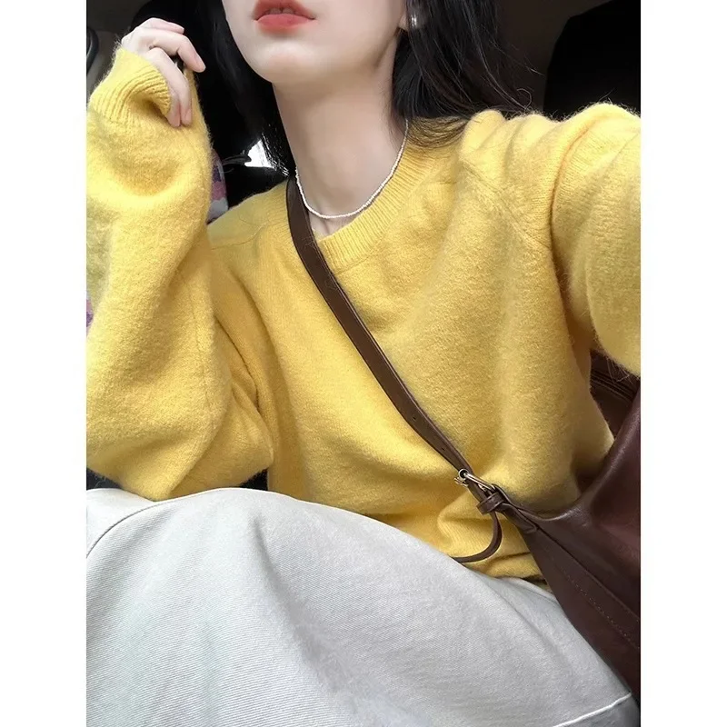 Women's Autumn Winter Knitted Sweater Crew Neck Pullover Yellow Soft And Supple Loose Fit Idle Style Absolutely Beautiful Unique