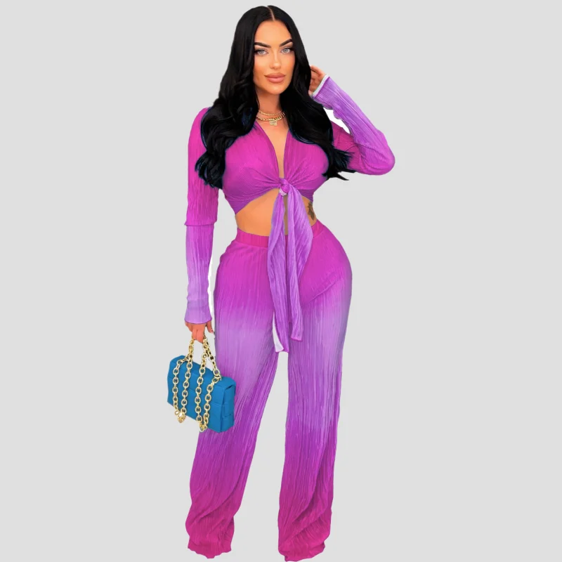Fashion Gradient Women's Spring And Autumn Suit Deep V Long-sleeved Trousers Two-piece Set Elegant Loose Casual Trend Style