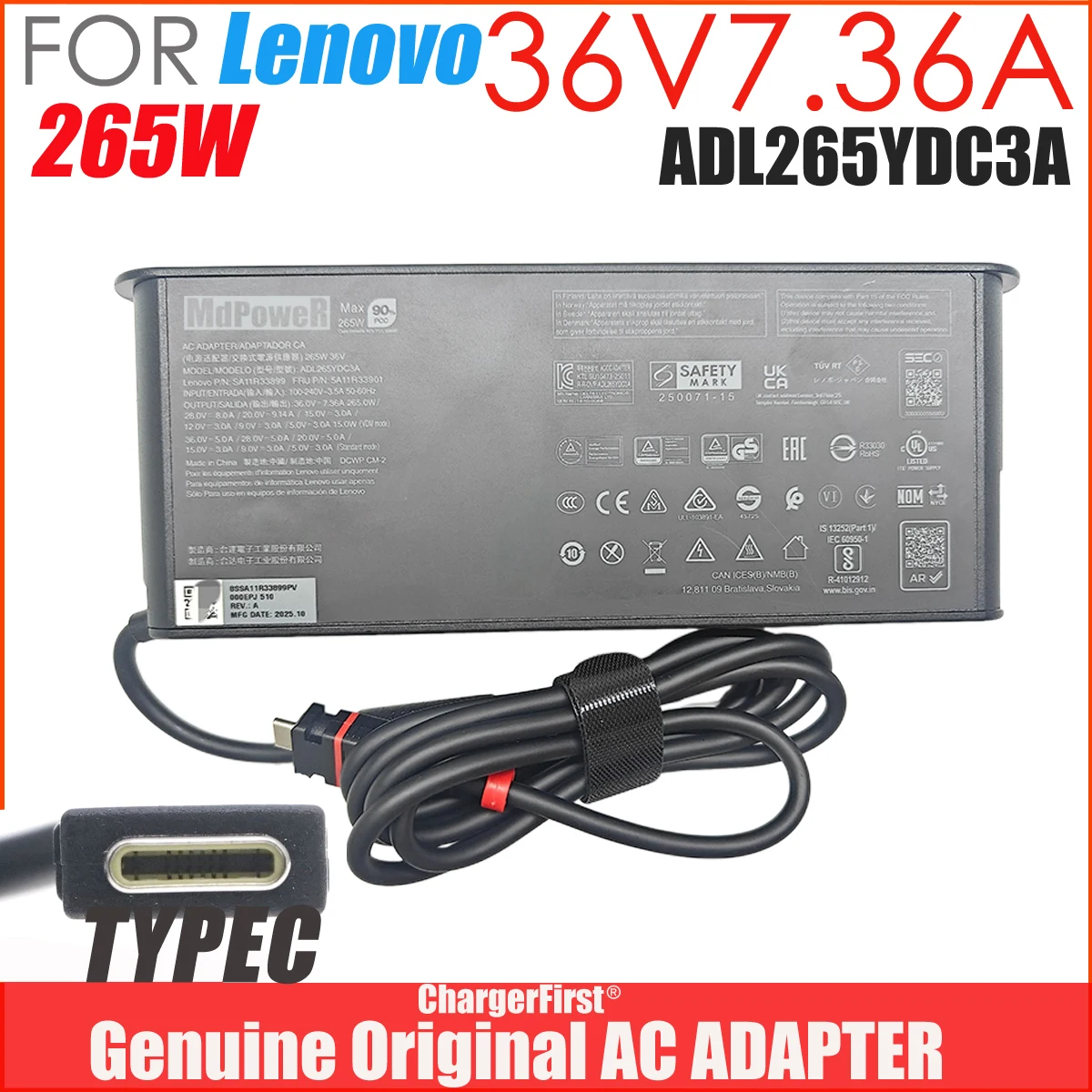 Original ADL265YDC3A 36V 7.36A 265W TYPE-C Power Supply AC Adapter FOR Lenovo R7000 R9000 Y7000P Y9000K SA11R33899 USB C Charger