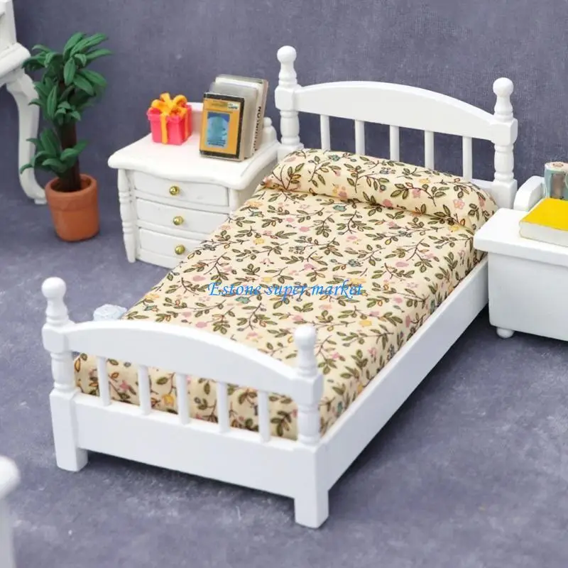 

090B Compact Wooden Bed With Designed Finish For 1:12 Scale Miniature Furnishings