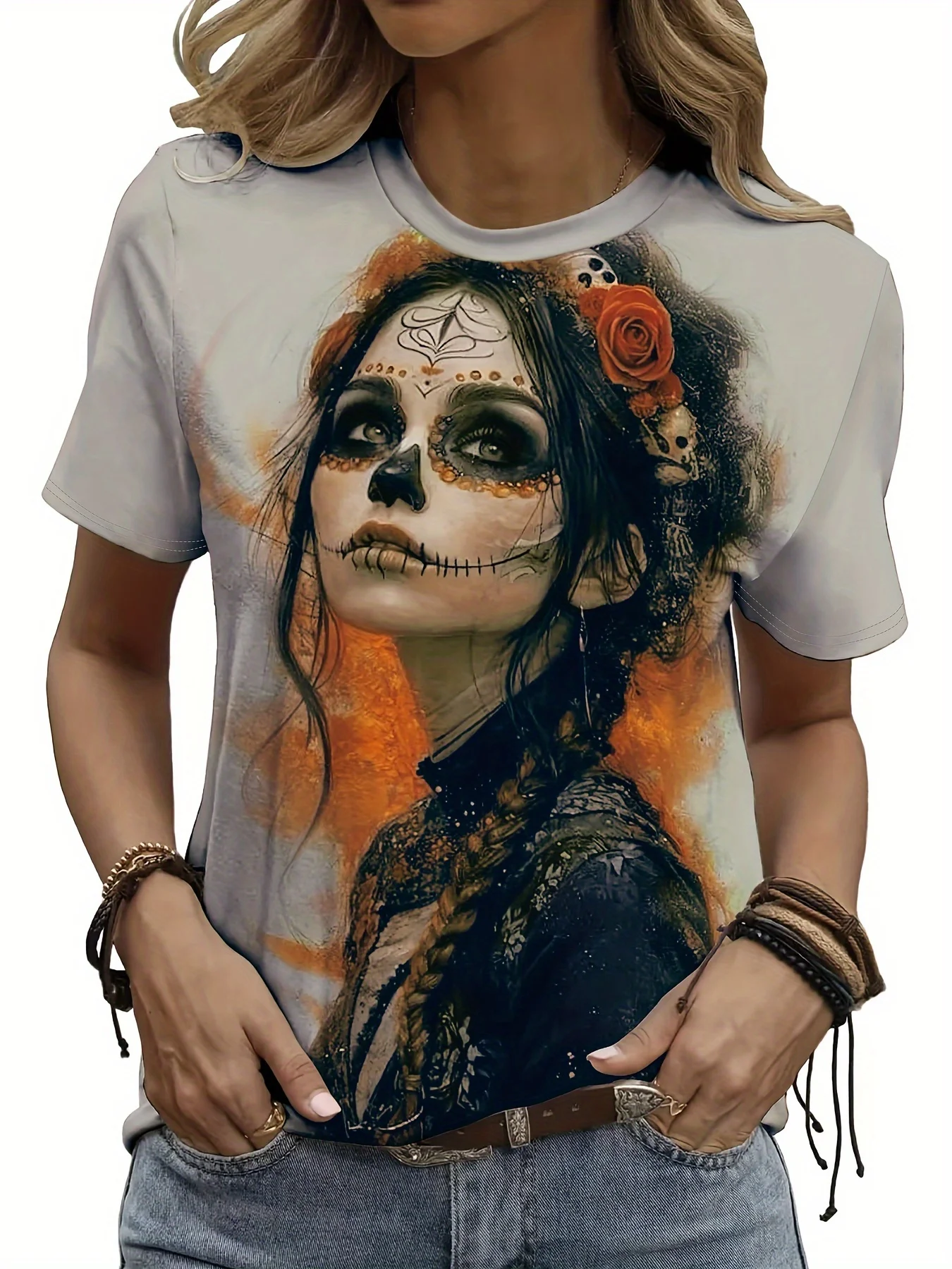 

Spring and Summer Women's Horror Element Printed Chest Round Neck Short-sleeved T-shirt Casual Sports Comfortable Fashion Tops