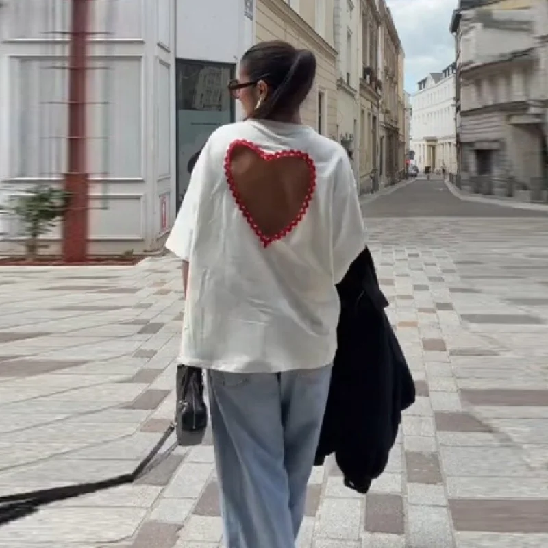 

Chic Sweet T-shirt Short Sleeve Back Heart Cutout Loose Casual Top Women Summer Trendy Retro Sexy Y2k Edgy Cute Streetwear