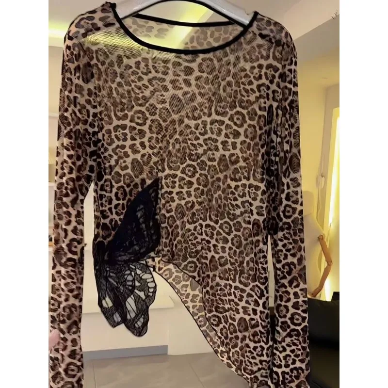 Haut de danse latine personnalisé pour femmes, imprimé léopard, Costume à manches longues, Cha-cha Samba, entraînement de danse de salle de bal, Costume en maille