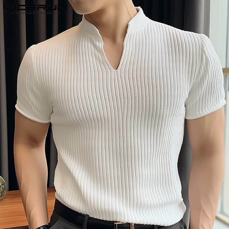 Men\'s T Shirt Solid Color V Neck Long Sleeve Knitted Fashion Men Clothing Korean Streetwear 2023 Casual Tee Tops S-5XL INCERUN