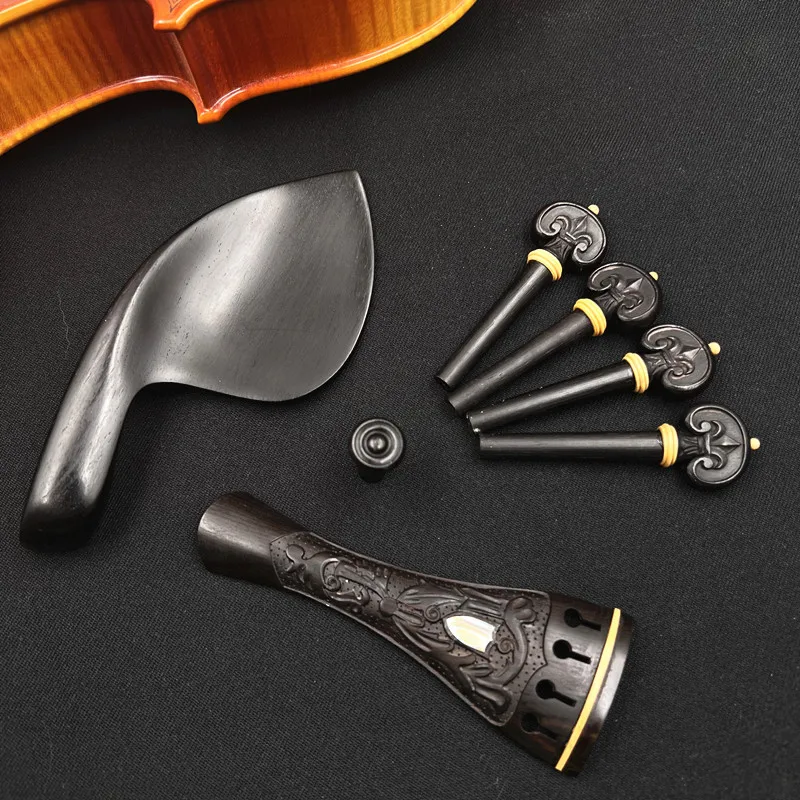 1 set violin 4/4 Carved patterns ebony wood accessories parts fittings,Tailpiece+Tuning pegs+Endpins+Chin rest/Chin Holder