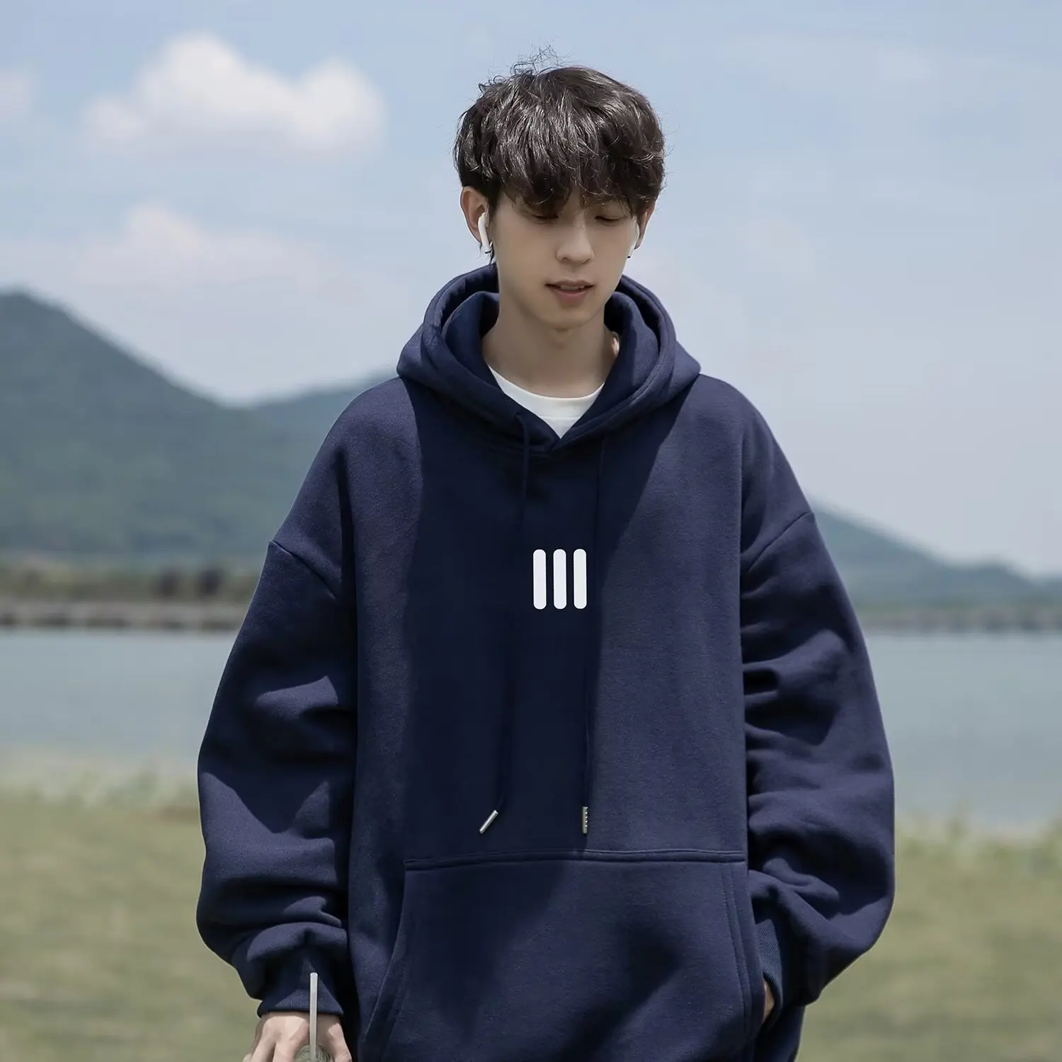 Hop-hip Printed Men's Hoodie Fashion Thickened Fleece Men's Sweatshirt Loose Fit Warm Round Neck Casual Pullover for Man Korean