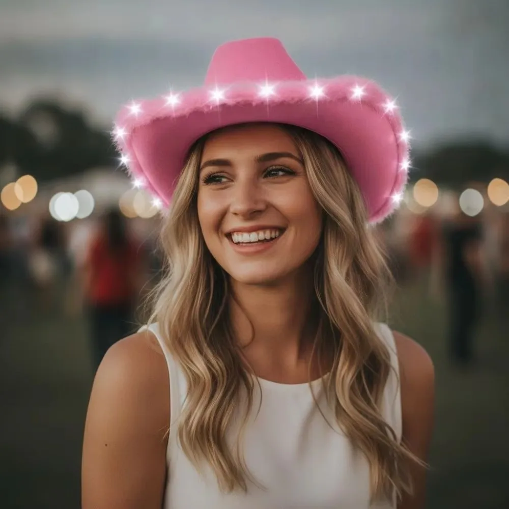 Fashion Furry Trim Light Up Western Cowboy Hat Wide Brim Ethnic Style Costume Hat Solid Color LED Cowboy Hat Halloween view 4