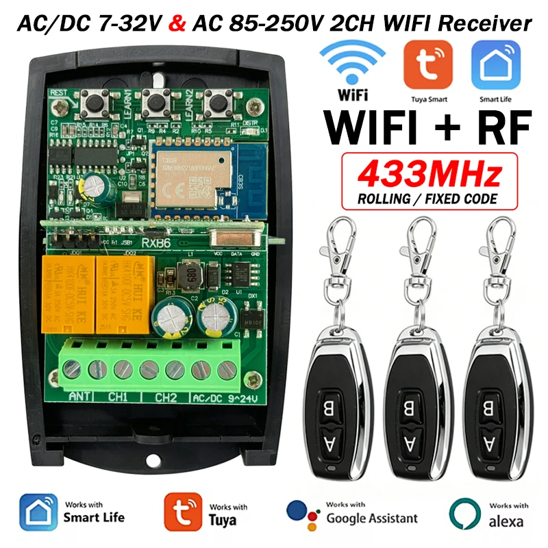 Universal 433MHz 433.92MHz Garage Remote Control Receiver AC DC 7-32V 85-250V Wifi Tuya Smart Life 2Channels Relay Switch Module