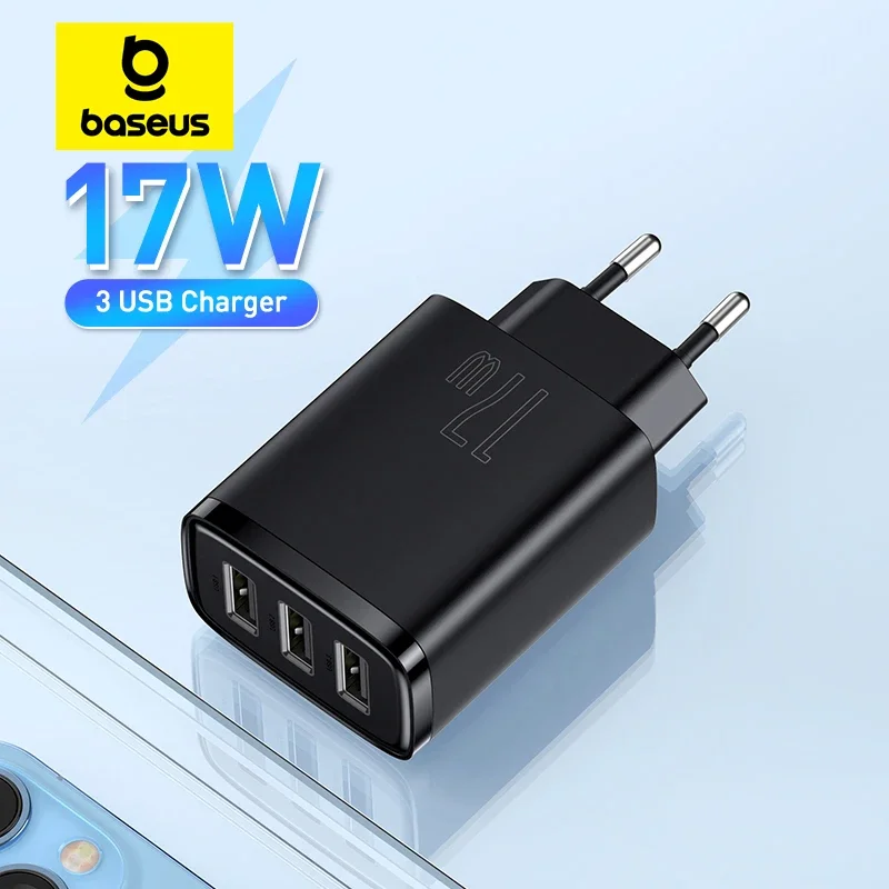 Baseus Compact Charger 3U 17W EU Charger Universal Portable 3Ports Travel Wall Adapter Portable Safe Charging for IPhone Samsung