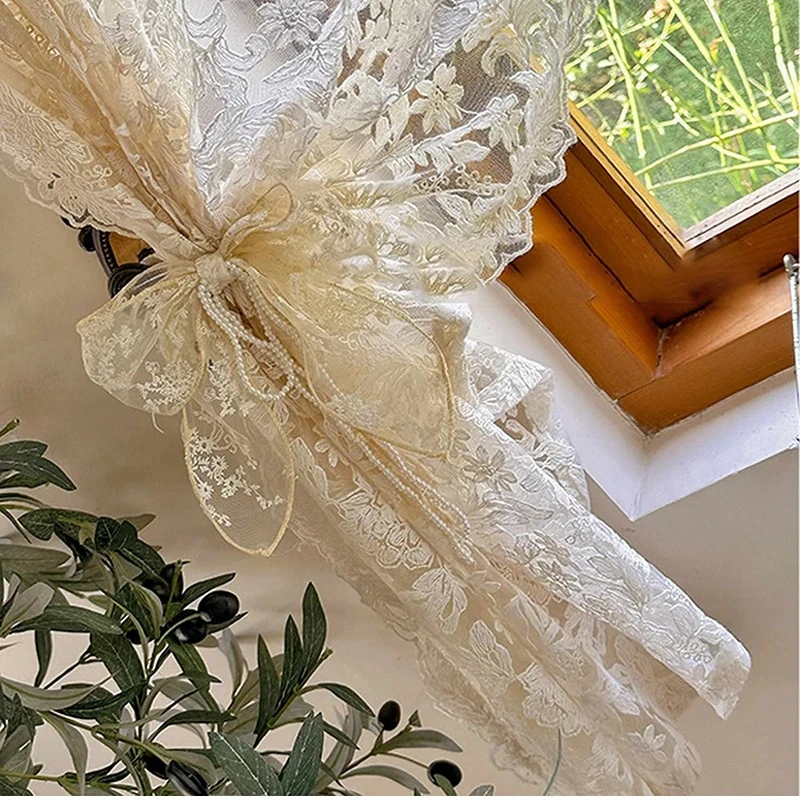 3D Flower Lace Curtains for Bedroom Kitchen French Romance Lace Embroidered Curtains Rod Pocket Top Woven Sheer Curtains
