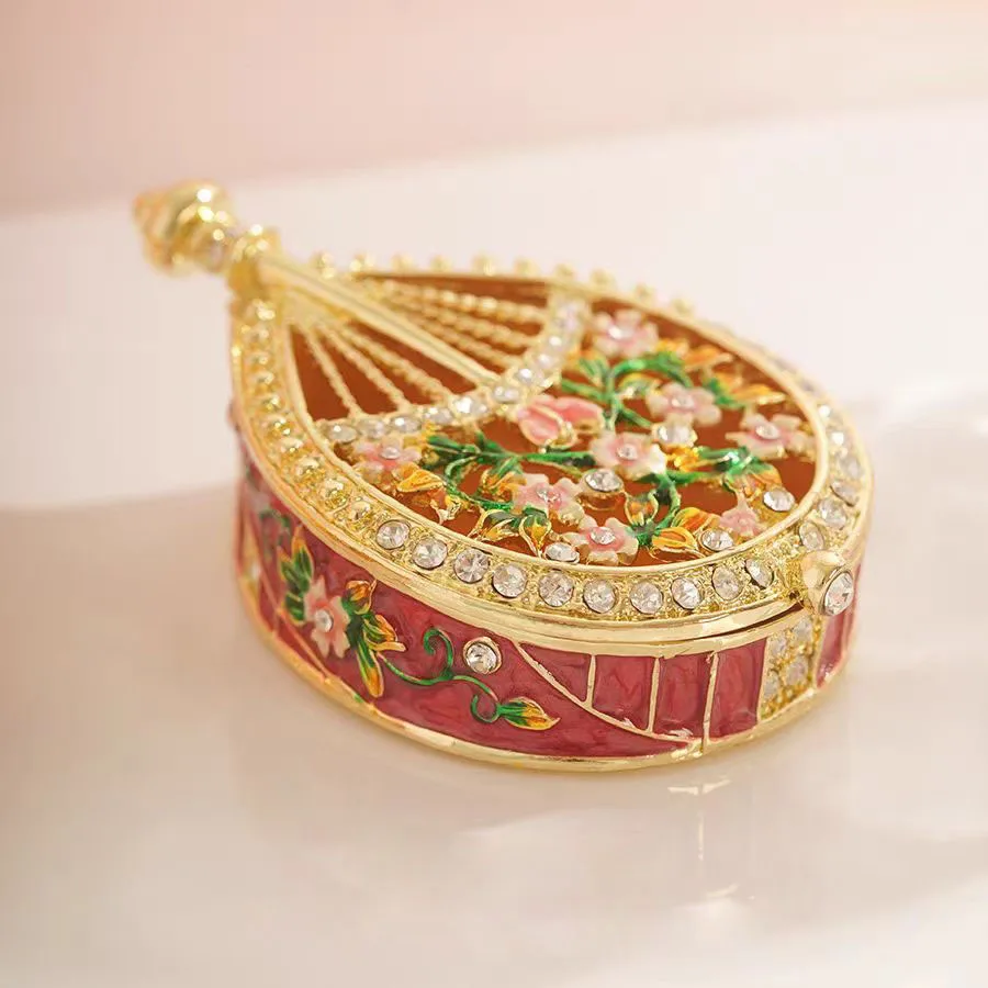 Hand Painted Enameled Qin Pipa Rose Flower Figurines Hinged Jewelry Trinket Box Collectibles Ring Holder Necklace Earrings Box