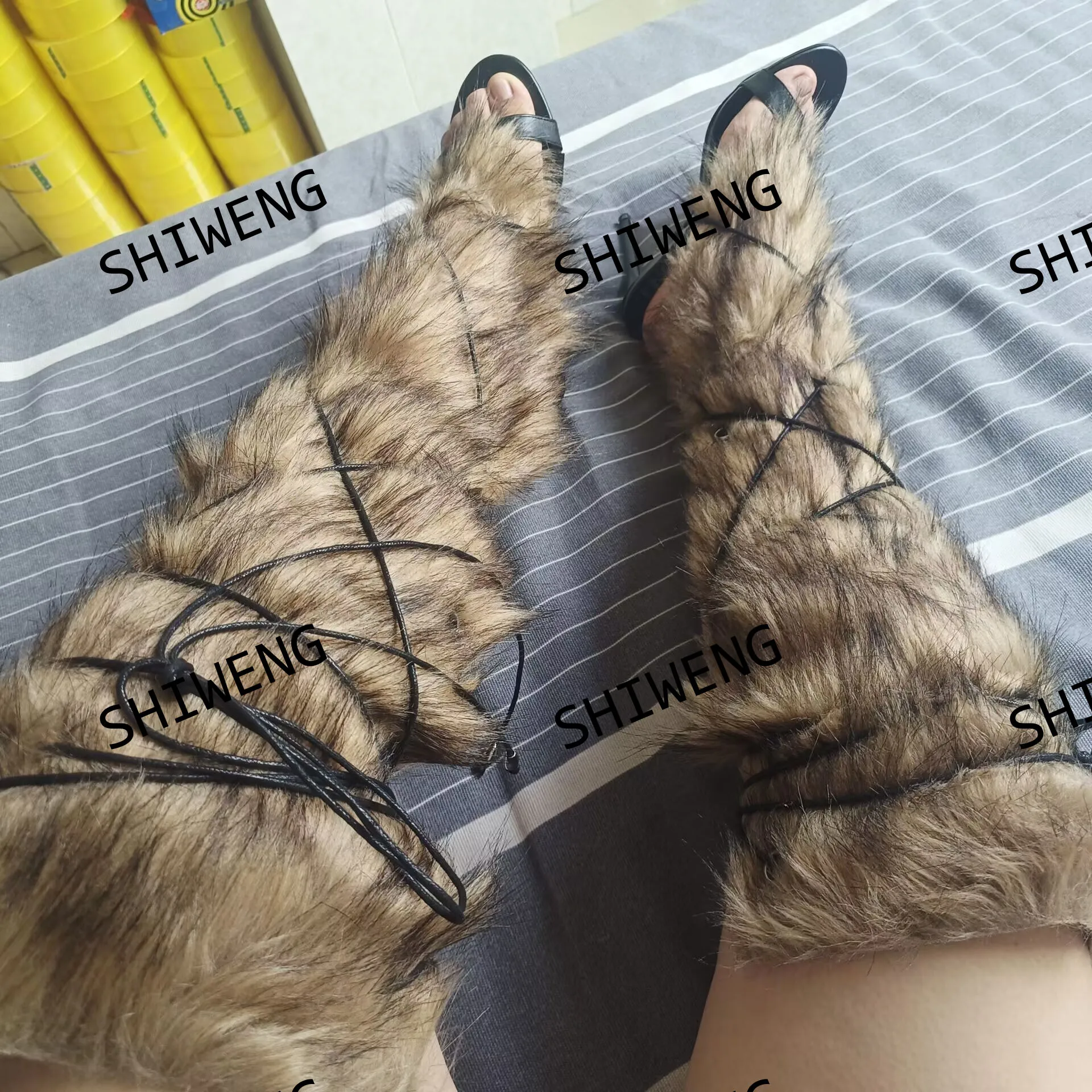 2025 Fur Hide Lace Up Over Knee Sandals Women  Sexy Cross Tied High Heels Puttee Shoes Ladies Cutout Party Pointy Long Sandals