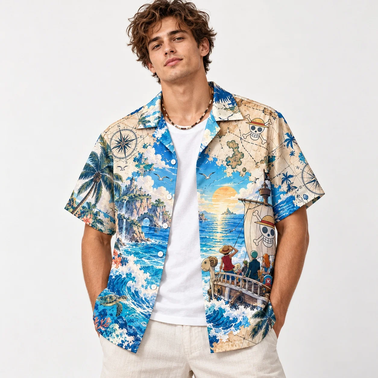 One Piece Mens Hawaiian Shirt Straw Hat Pirates Ocean Adventure 3D Print Short Sleeve Beach Vacation Casual Summer Top