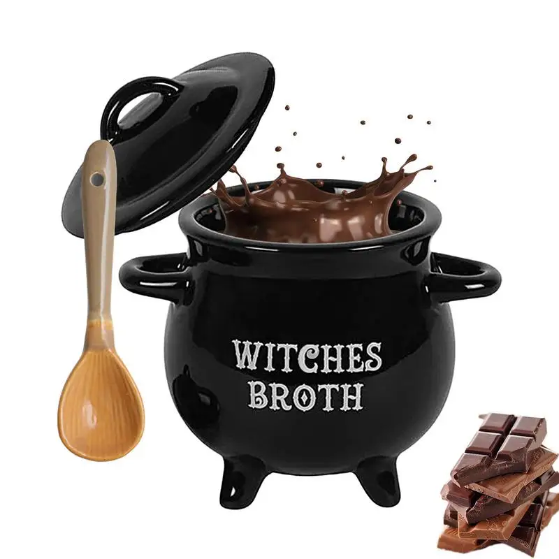 Witch Cauldron Witch soup pot ceramic bowl with soup spoon Halloween Ceramic Stew Crock black soup bowl For Family Gatherings