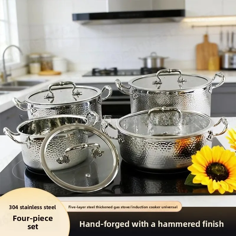 Pot Set 304 Stainless Steel Five-layer Steel Thickened 4-piece Set Hammer Soup Pot Suitable for Induction Cooker