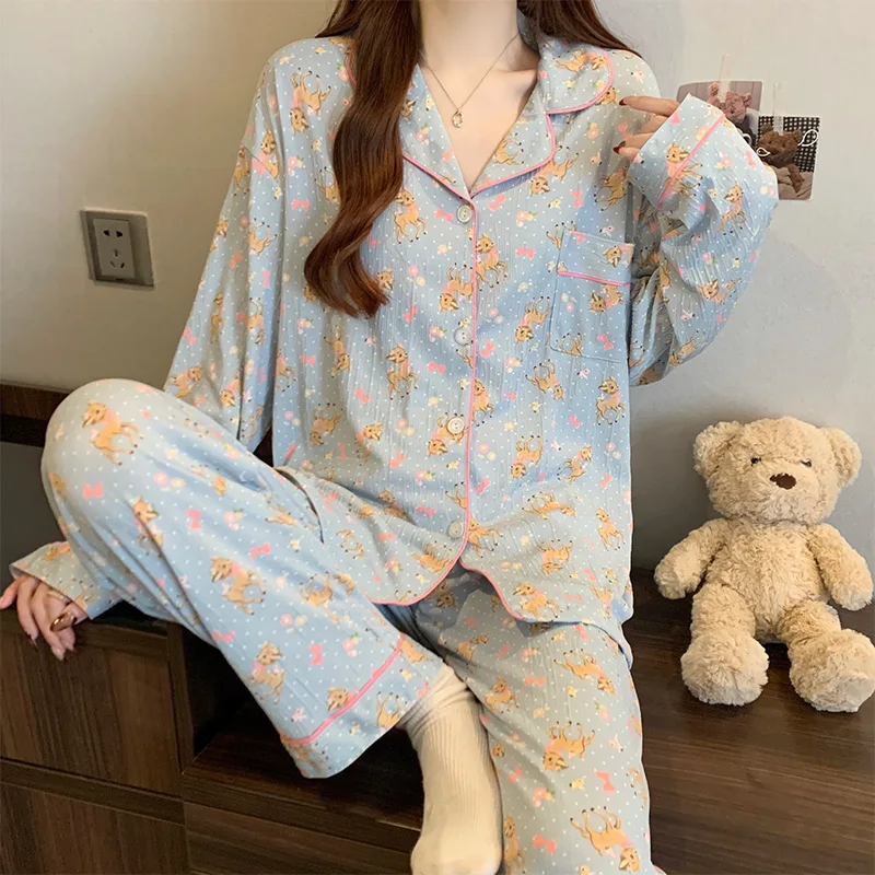 

Women's Spring New Korean Pajamas Long-Sleeved Long Pants Homewear Suit Girl Sense of Leisure Pajamas Student Homewear Suit