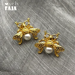 Fashion Bee Imitation Pearls Stainless Steel Stud Earrings for Women Gold Color Statement Insect Earrings Jewelry Party Gifts