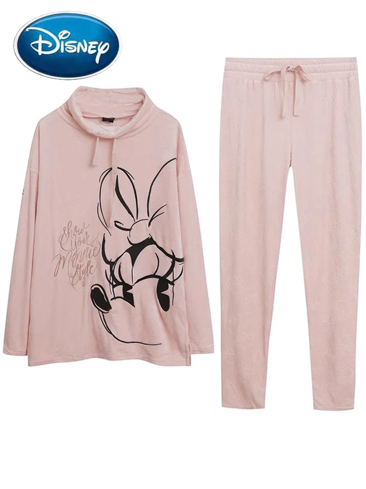 

Disney Minnie Mouse Pink Sweatshirt Cartoon Print Embroidery Women Turtleneck Fleece Jumper Tops + Trousers Pants 1 Sets Femme