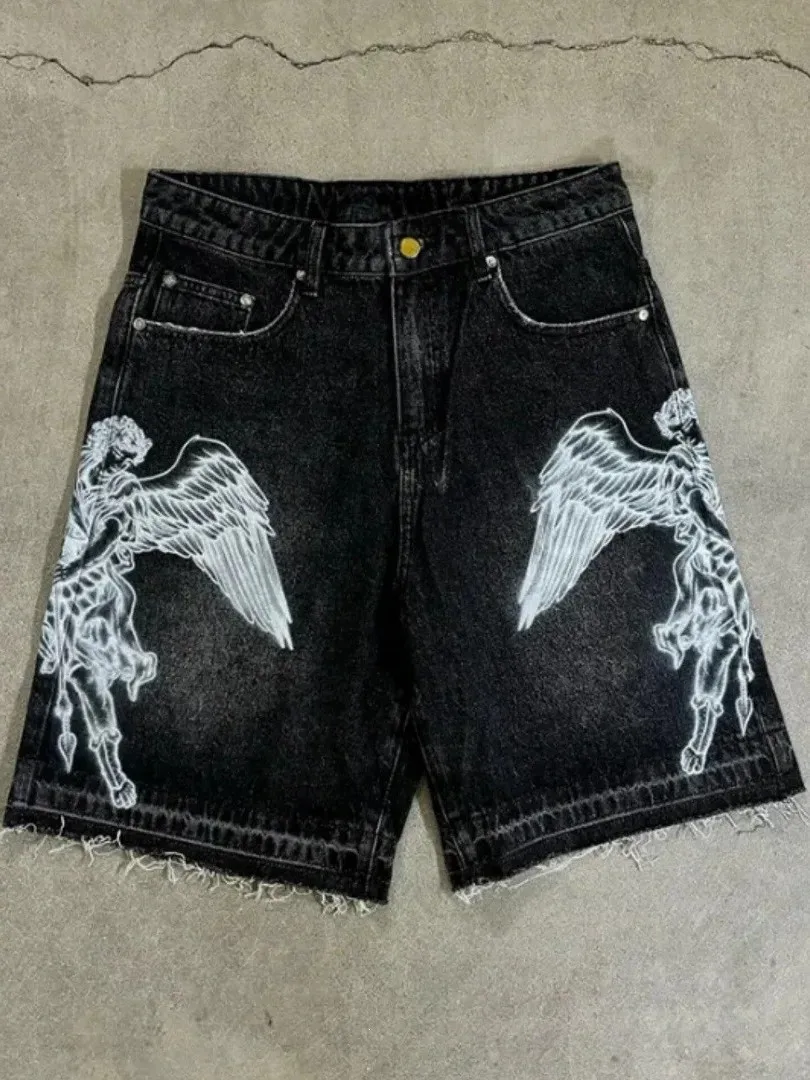 Washed Denim Short Shorts Casual American Retro Harajuku Streetwear Print Loose Fit Five Inch Shorts Women's Summer Jeans