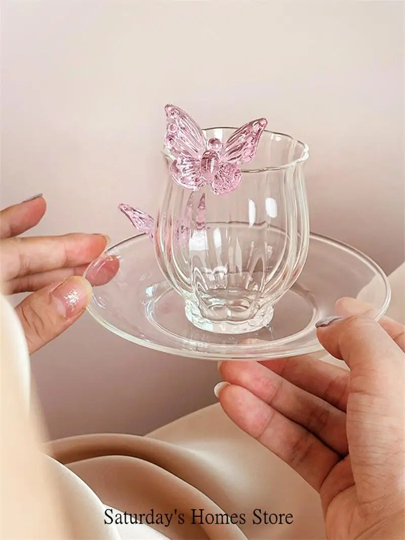 Suits Butterfly Glass Cup Saucer  Plate Coffee Cup Dish Set Afternoon Tea Cup Plates Girls Gift