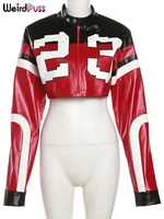 Weird Puss Faux Leather Varsity Jacket Women Hipster Letter Print Autumn Casual Sporty Wild Streetwear Uniform Trend Crop Coat 5