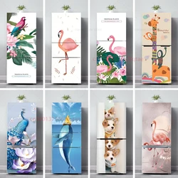 Cartoon Animals Flamingo Printed Tropical Fridge Door Cover Mural 3D Realistic Peacock Kitchen Wallpaper Home Decorative Sticker