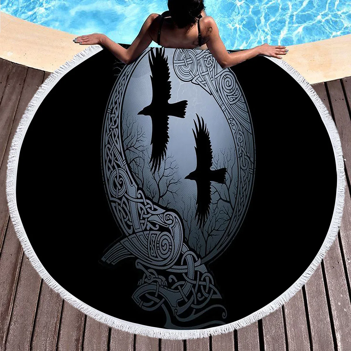 Viking Round Beach Towels,Retro Black And White Icons Fiber Beach Towel Absorbent Sand Free Multipurpose Towel for Pool Picnic