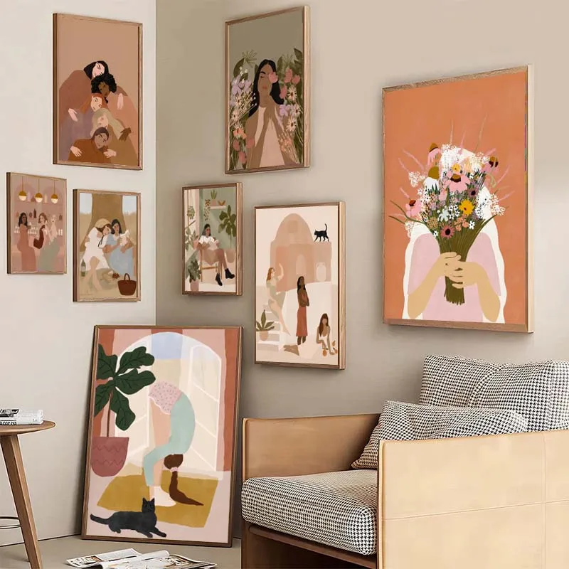Stylish Fashion Girl Best Friends Abstract Woman Canvas Painting Minimal Portrait Wall Art Illustration Home Decor No Frame