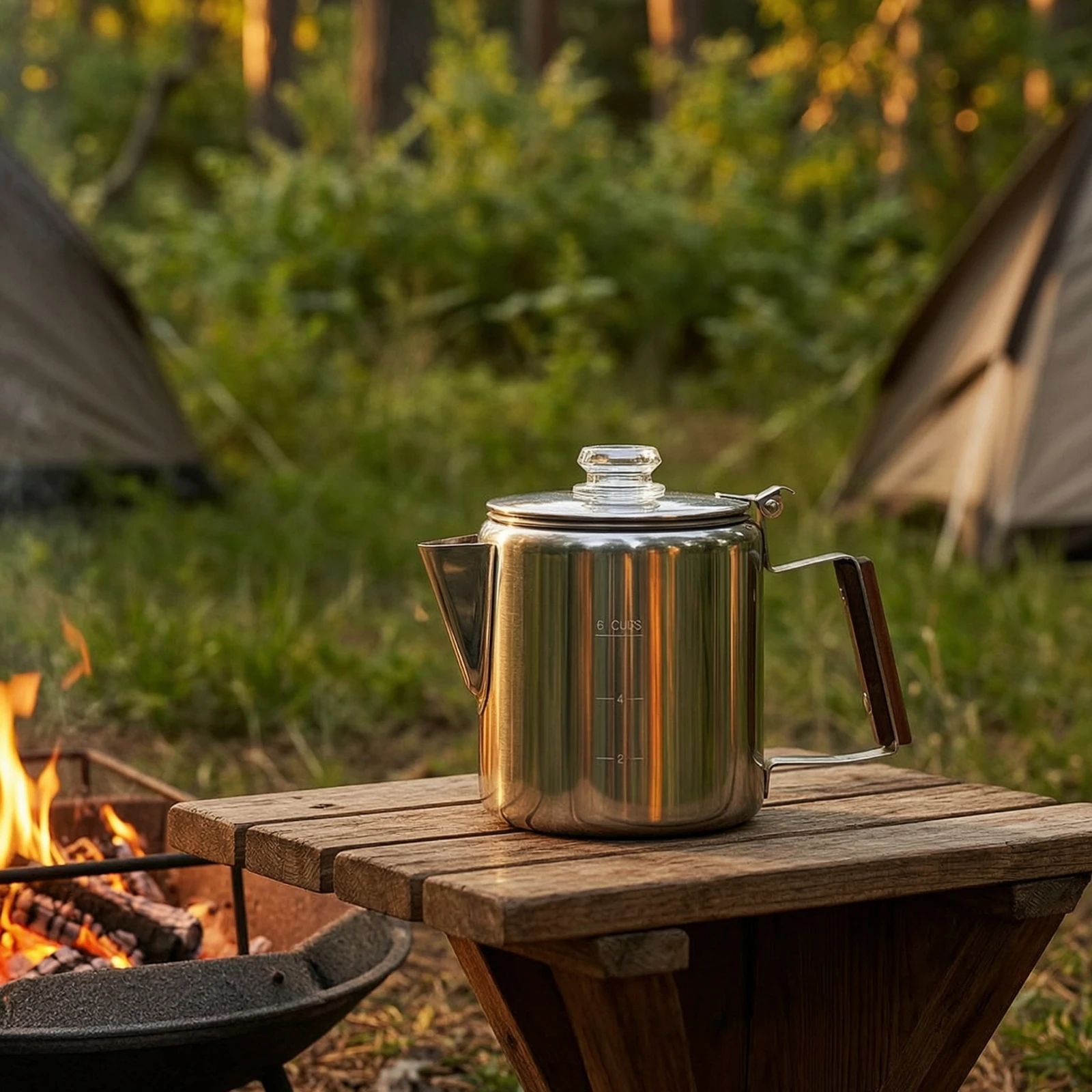 Coffee Pot with Wood-Look Handle Cordless Stainless Steel Coffee Pot Plastic-without Heavy Duty for Campers, Outdoor Cooking