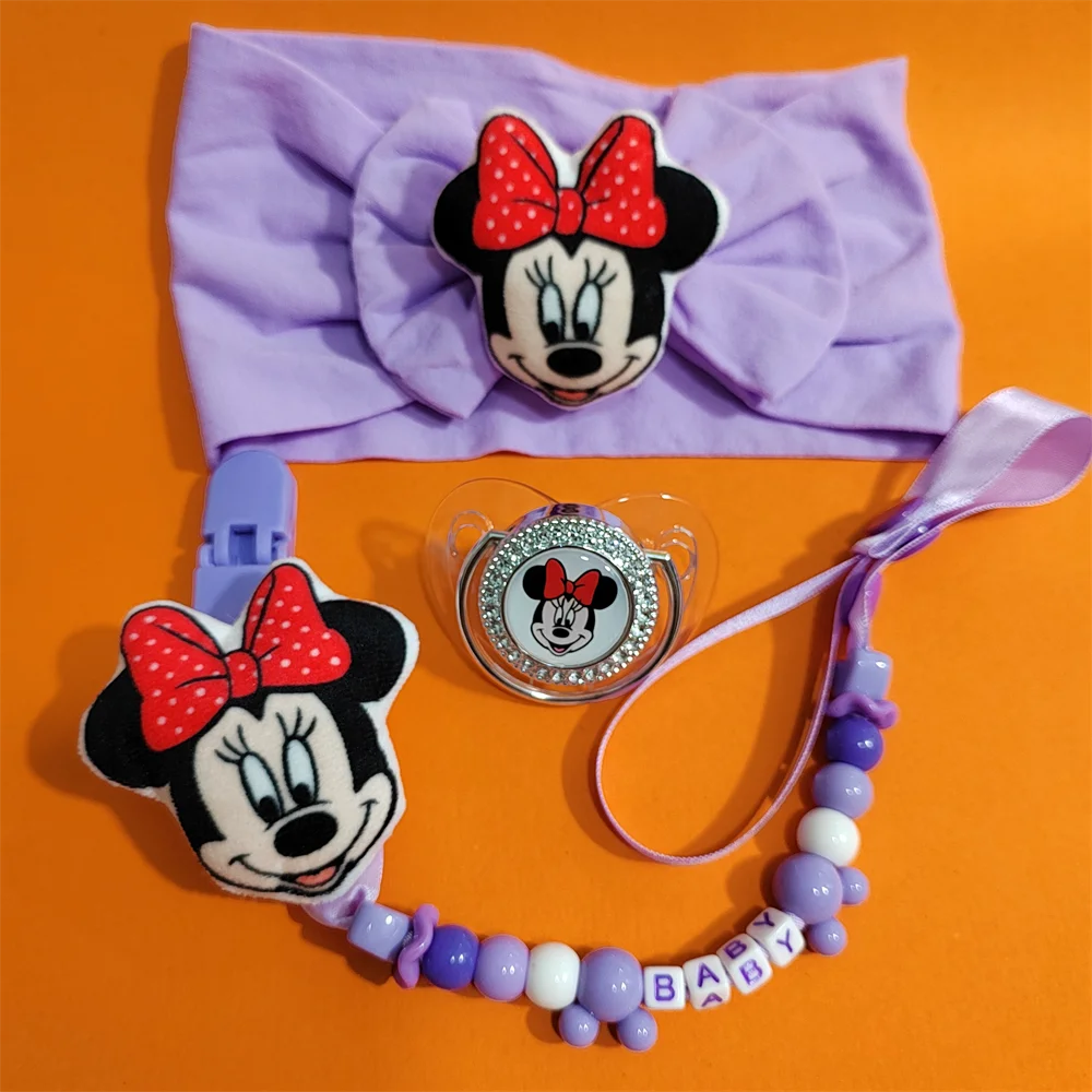 [ Unique Custom Name Pacifier Clip ] Purple Solid Color Minnie Mouse Plush Head Silicone Beaded Chain Holder for Sucking Nipple