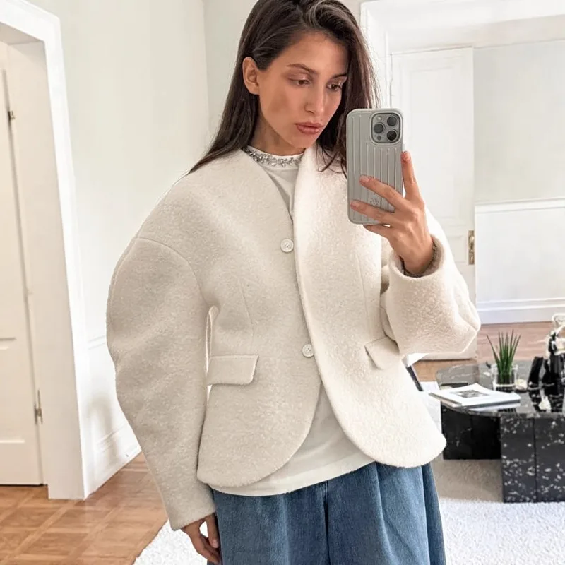 

Talenza Women White Short Fur Jacket Autumn Loose Fashion Long Sleeve Coats Top Casual Stand Collar Pocket Button Warm Outwear
