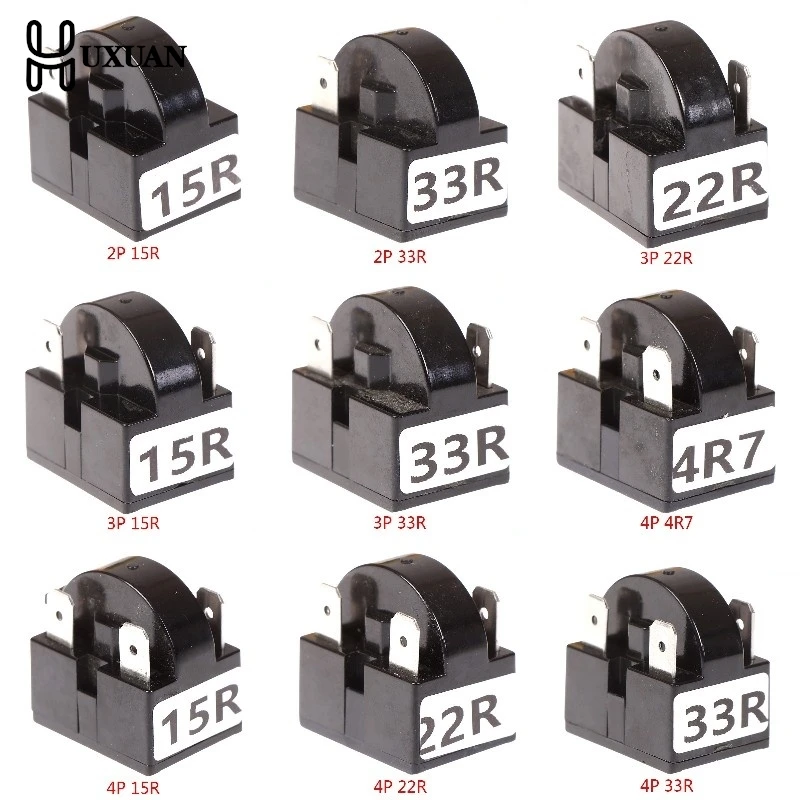 Metal preto plástico PTC Starter para geladeira, Start Relé, PTC Starter para Compressor, 4,7 Ohm,15 Ohm,22 Ohm,33 Ohm,2 Pin, 3 Pin, 4Pin