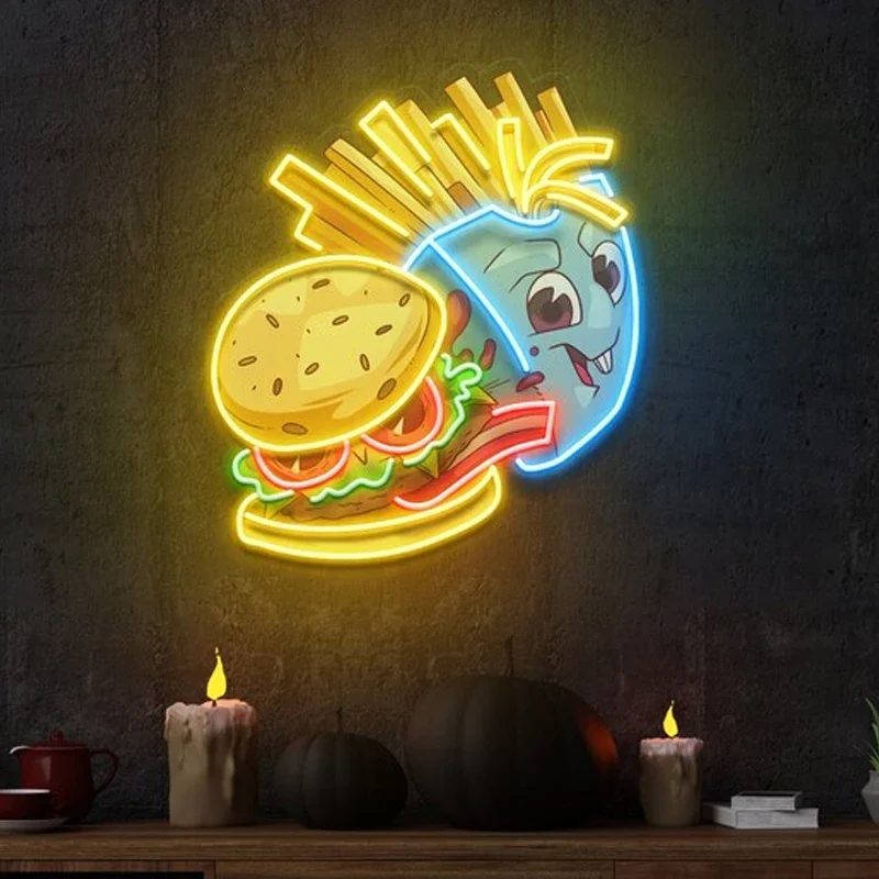 Imagem -04 - Hamburger Fries Art Neon Sign Ornamento Personalizado Led Neon Luz para Porta Aberta Luzes de Decoração Fast Food Restaurante Decoração