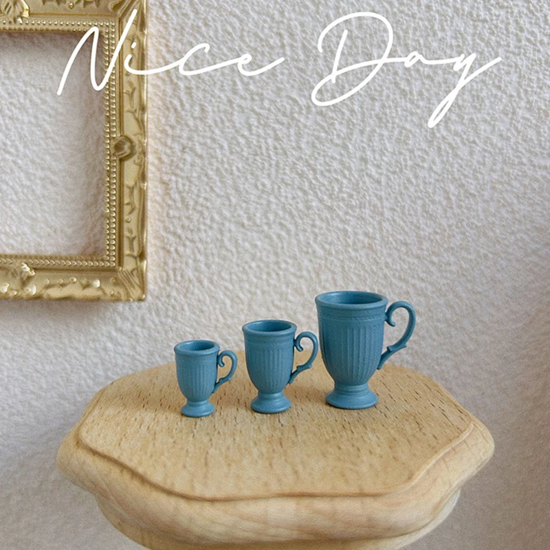 1Pcs Dollhouse French Retro Mini High Foot Relief Mark Coffee Cup With Handle Miniature Scene Decoration High End Stemmed Mugs