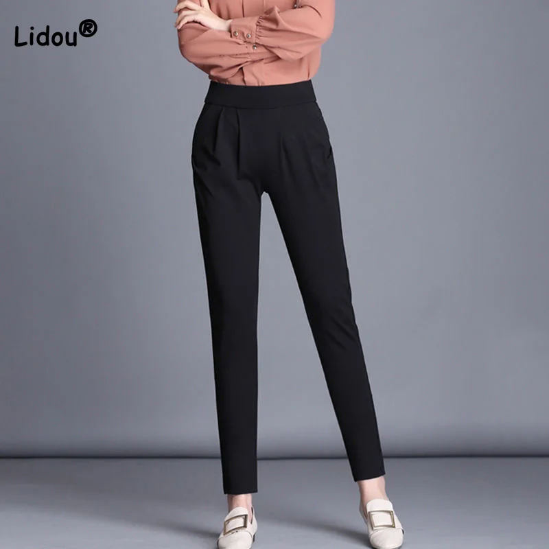 Autumn Winter New All-match Plus Velvet Thickening Pockets Slim Black Pants Women Casual Elasticity High Waist Harem Trousers