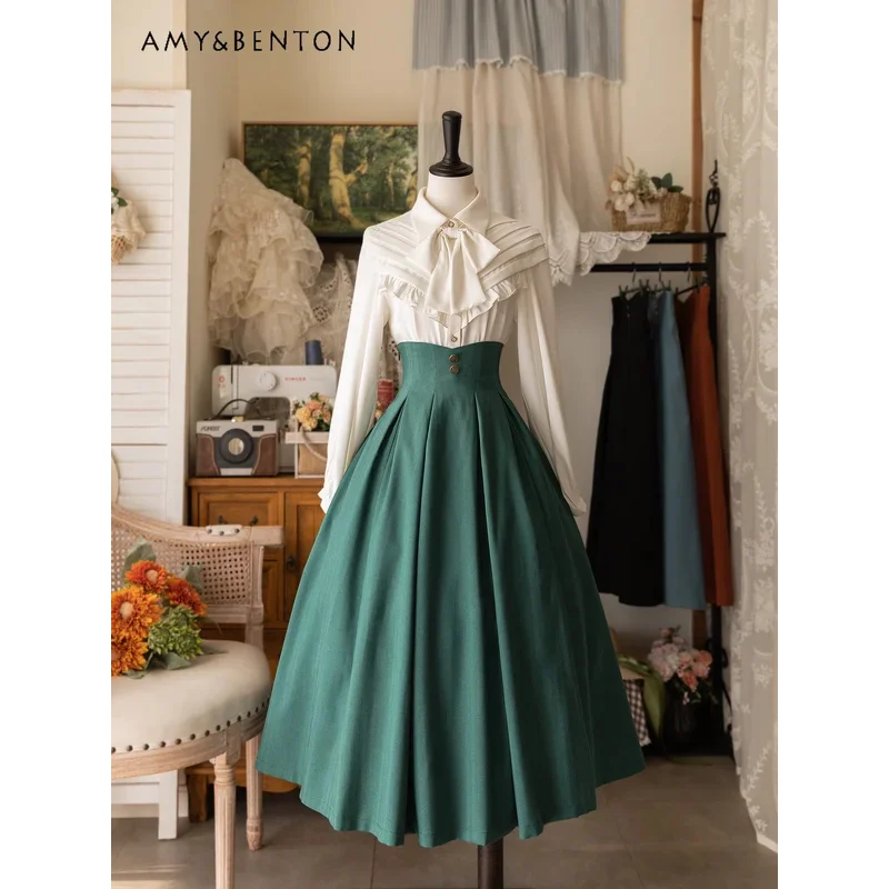 

25COSBritish Retro All Match Classical High Waist Skirt Women Daily Elegant Graceful Lolita Skirt Spring Sweet Slim Midi-calf Sk