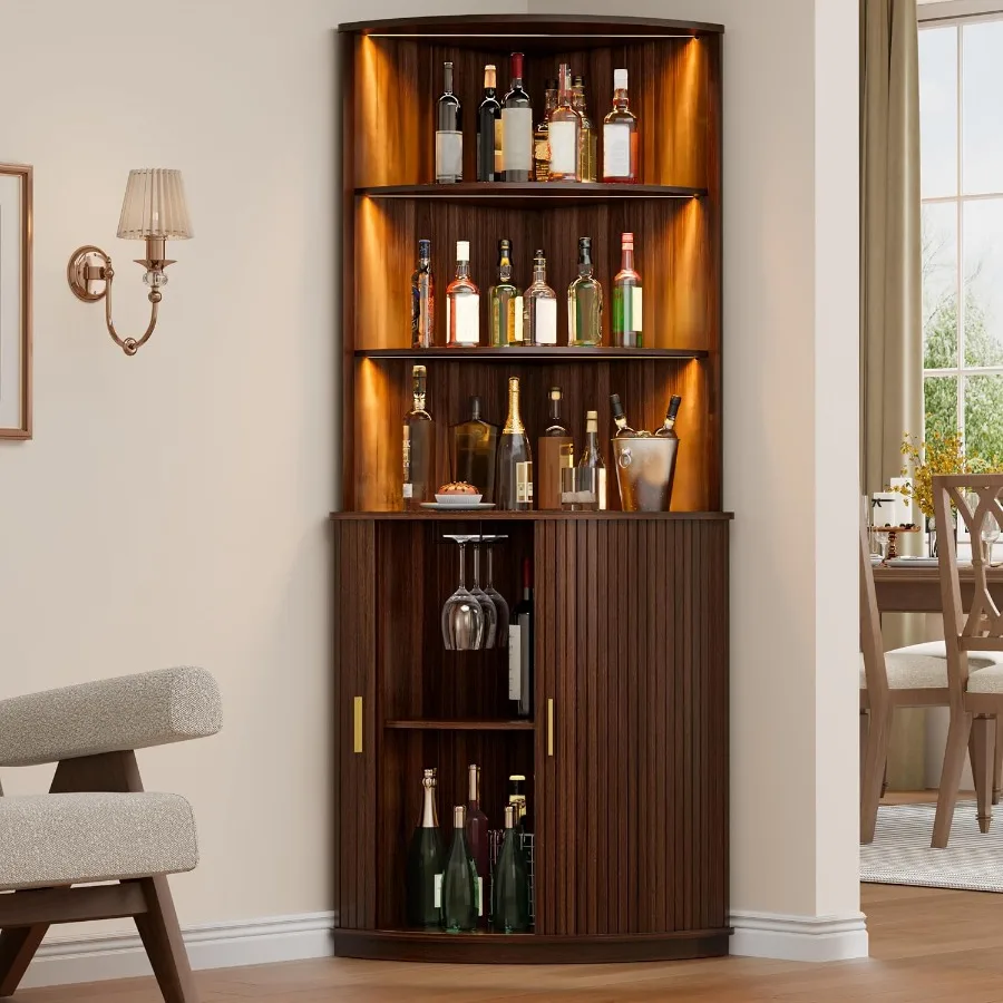 71" Tall Corner Bar Cabinet with LED Light and Wine Glass Holder