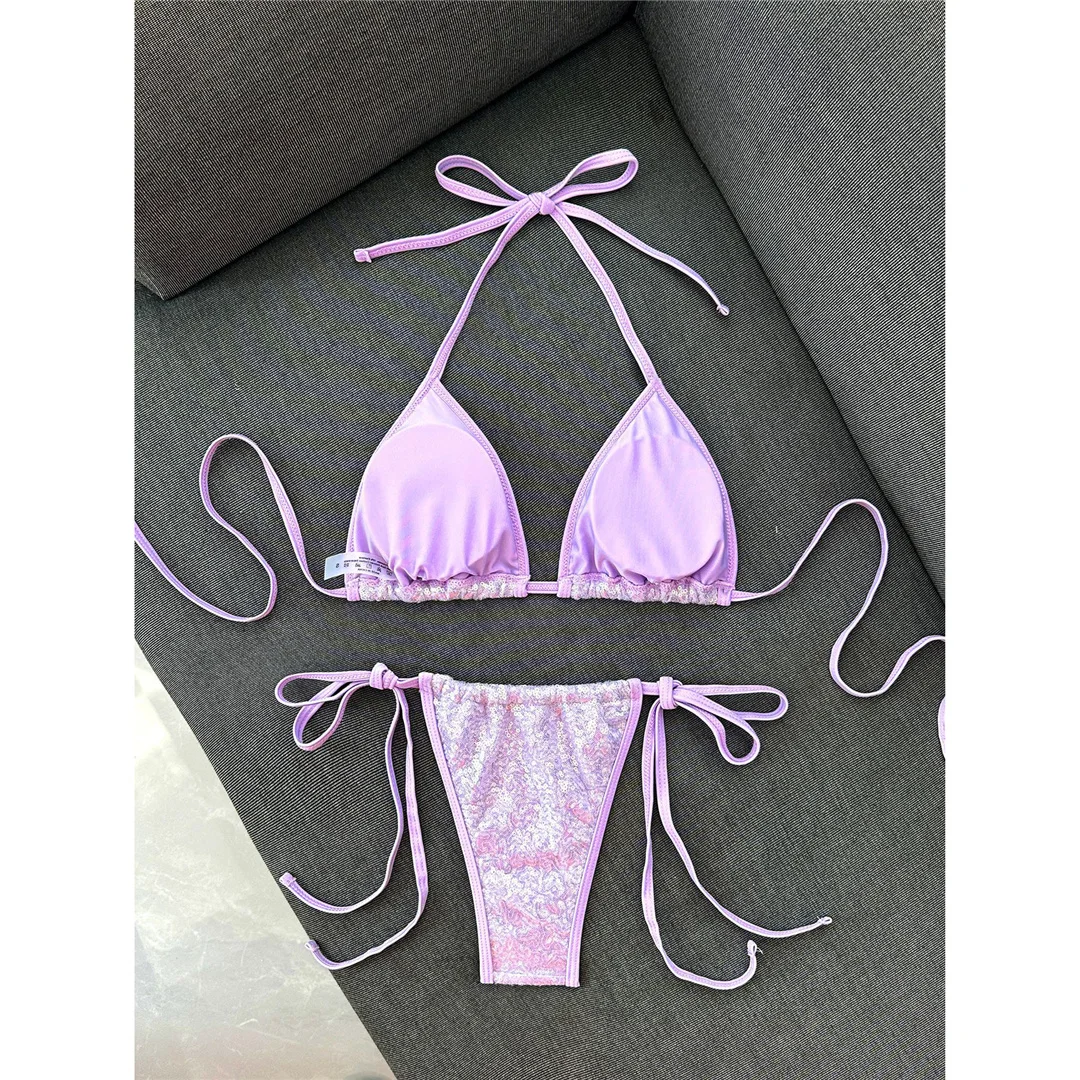 Pailletten-Bikini mit Neckholder, Damen-Badeanzug, zweiteiliges Bikini-Set, hoch geschnittene Beine, gepolsterter Badeanzug, Badebekleidung, Modell V8302. – Detail 3
