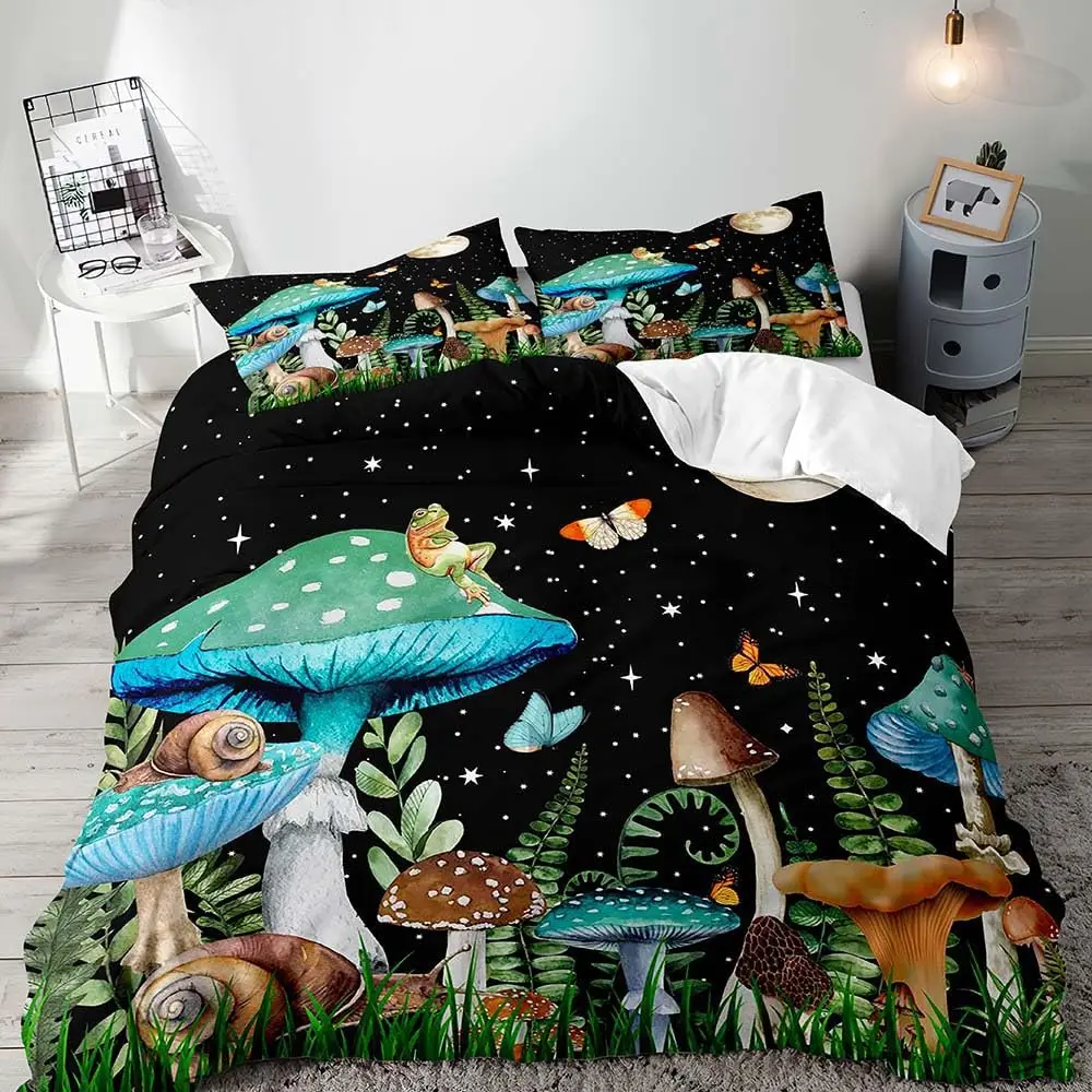 White Mushroom Bedding Set, Duvet Cover Full Size, Green Plant Botanical Comforter Quilt Cover, 2 Pillow Shams for Women Girls