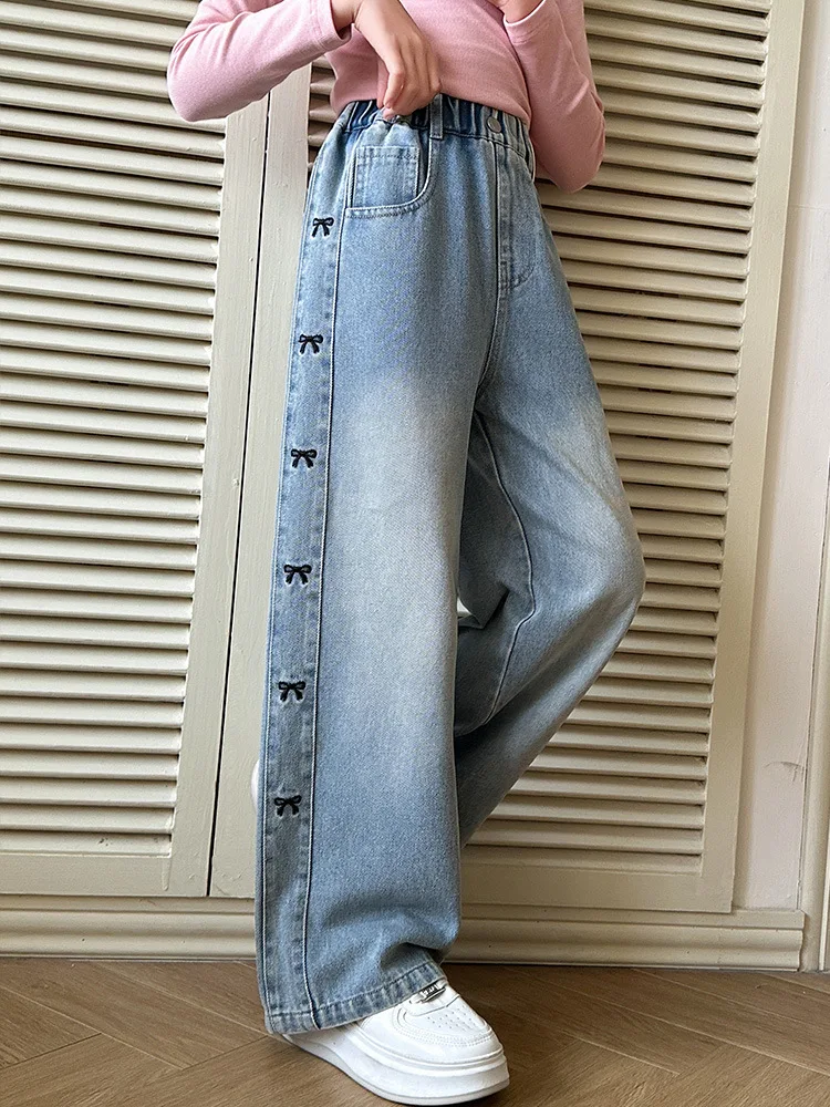Girls\' Spring Thin Side Seam Embroidered Bowknot Jeans Loose Straight Wide Leg Denim Pants Teenagers Pure Color Washed Trousers