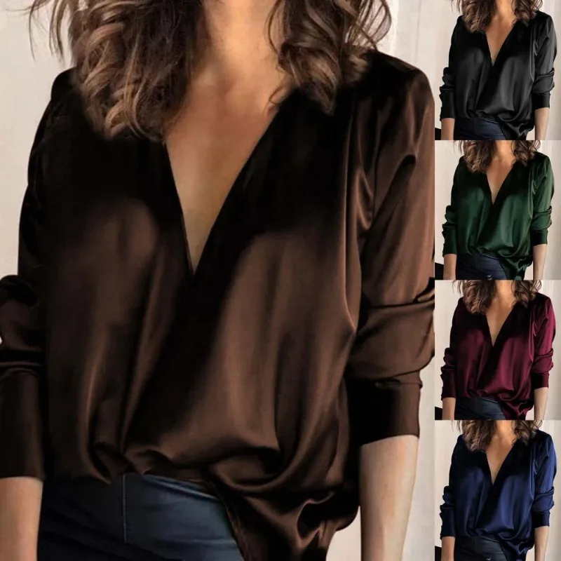 Blusa acetinada monocromática para mulheres, camisa elegante com decote em v, blusa solta de manga longa, pulôver casual