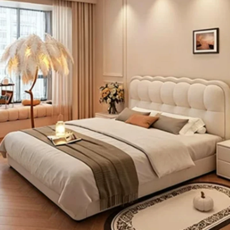 Italian Cream Ripple Puff Bed Master Bedroom Soft Upholstered Leather Queen Bed For Home Bedroom Interior Furnishing Decors