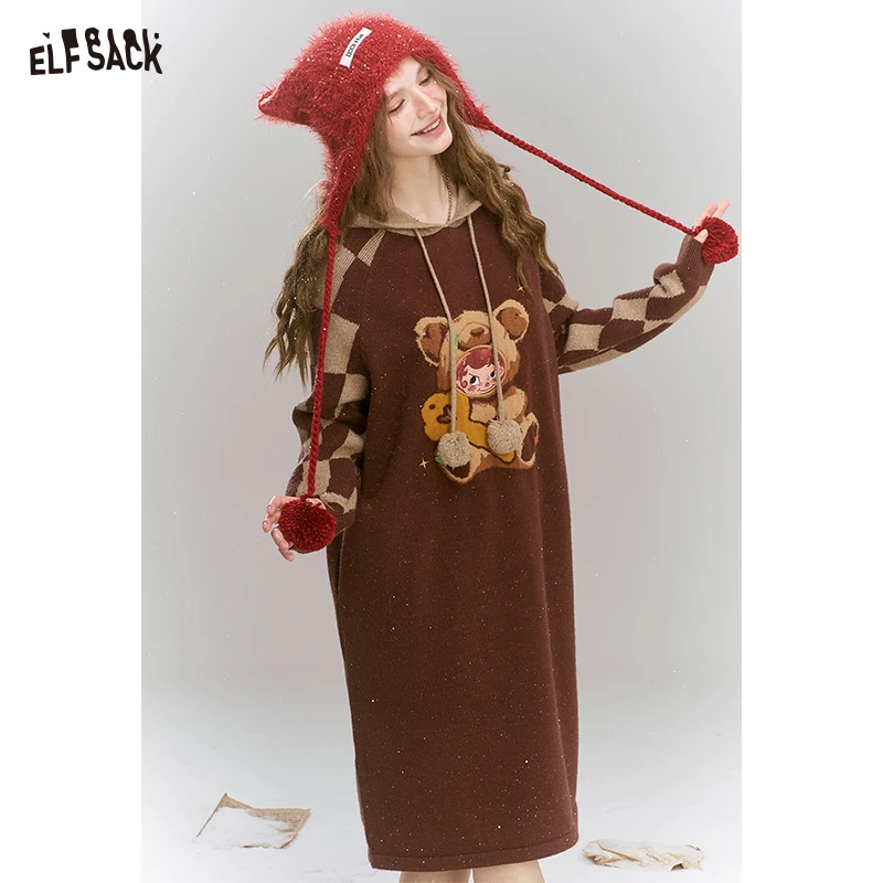 

ELFSACK 2025 Spring New Arrivals Original Cartoon Print Checkerboard Pattern Hooded Dress